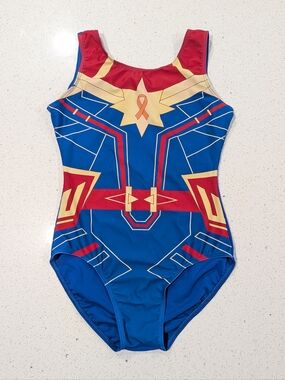 SUPERHERO Destira Gymnastics Dance Leotard AS Small Captain Marvel CANCER AWARE